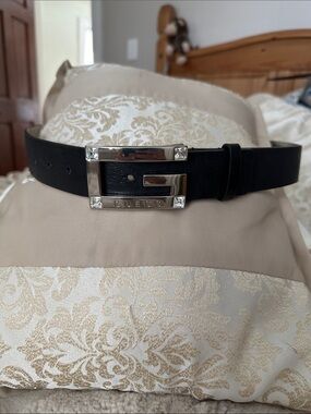 GUESS Black Synthetic Leather Belt with Silver G Logo Buckle - Size M